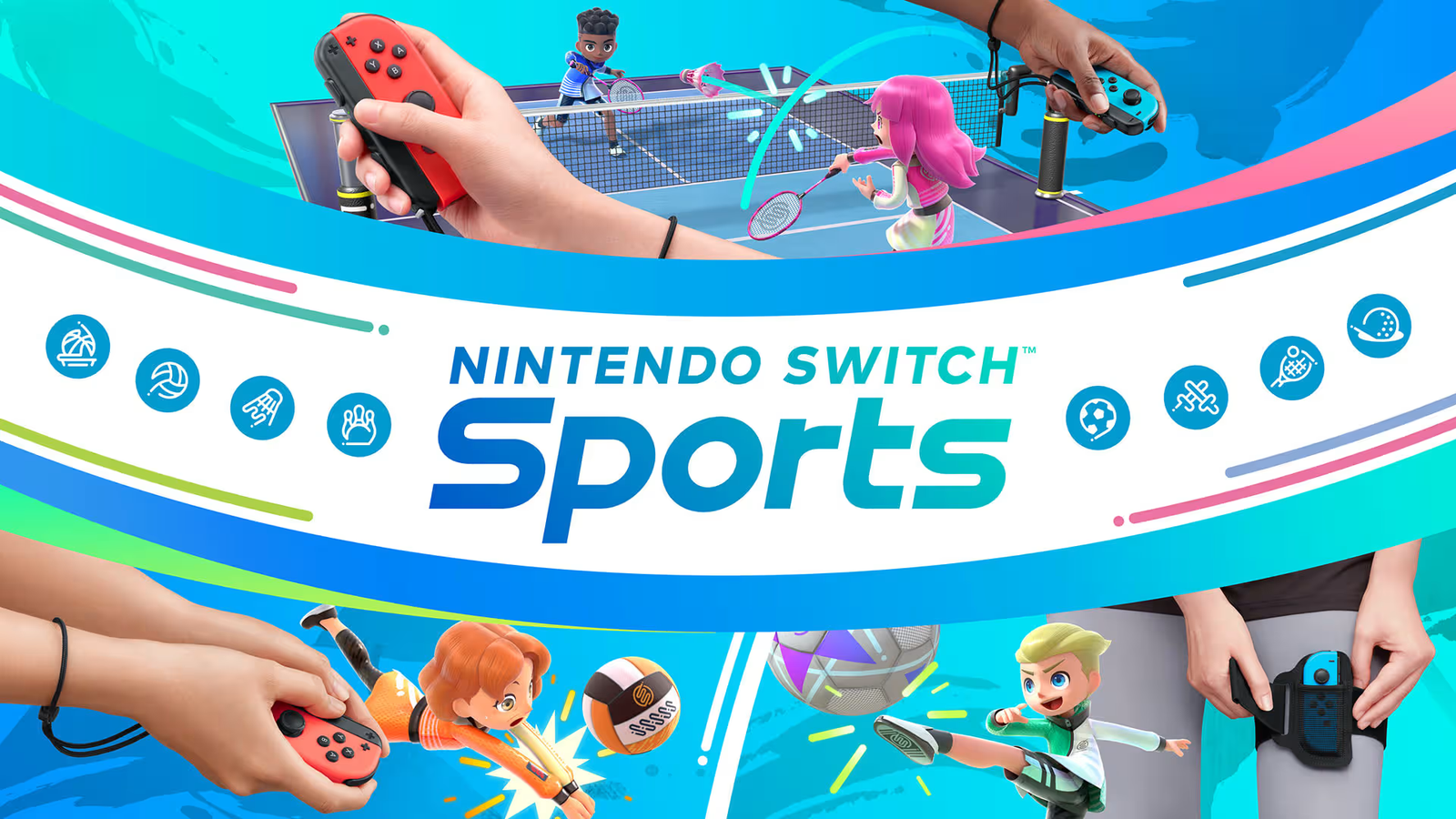 Nintendo Switch Sports characters in a tennis match, Sportsmate avatars on a colorful court.