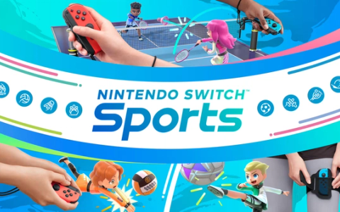 Nintendo Switch Sports characters in a tennis match, Sportsmate avatars on a colorful court.