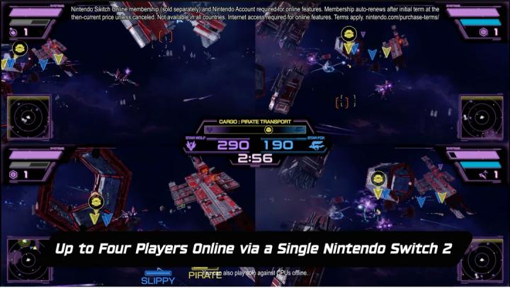 Four Star Fox views in a space battle, with a banner stating up to four players online via one Nintendo Switch 2.