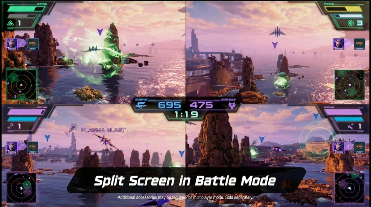 Four split-screen views of Star Fox Battle Mode above a sunlit ocean and rocky islands.