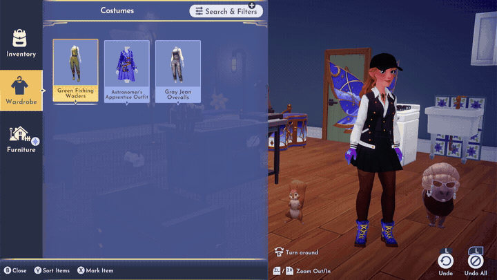 An avatar changes from a black-and-white outfit into a purple costume in the wardrobe menu.