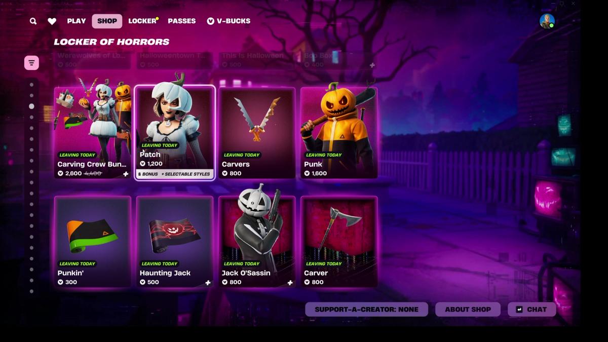Seasonal Fortnite Shop items with V-Bucks prices and Leaving Today labels.