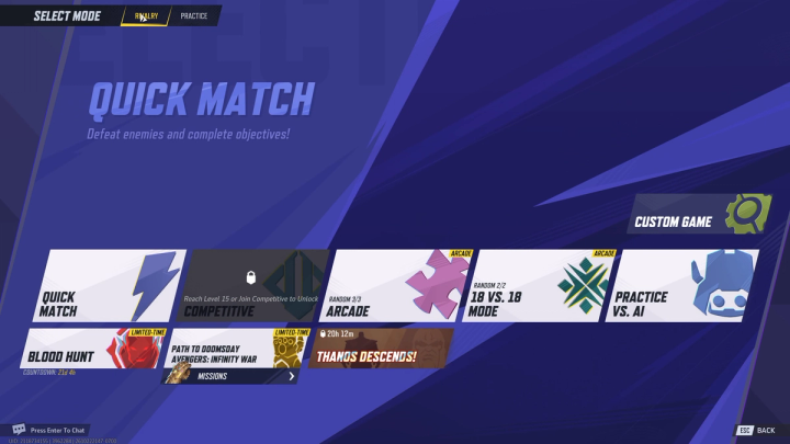 Marvel Rivals mode-selection menu showing Quick Match, Competitive, Arcade and Practice vs. AI.