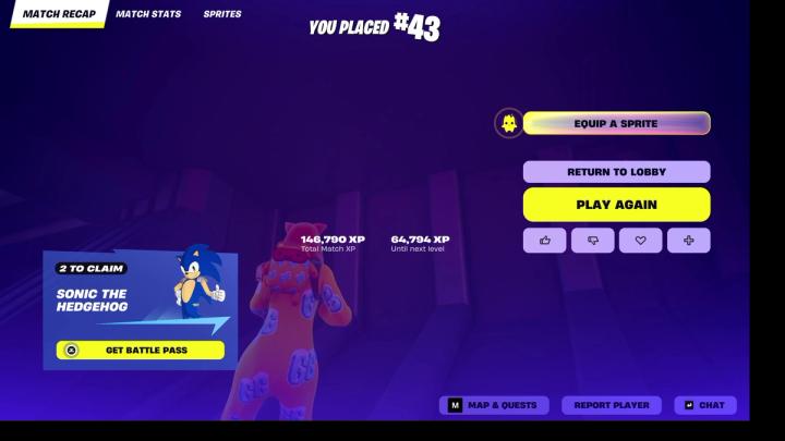 Fortnite match recap with Return to Lobby, Play Again, XP totals and a Get Battle Pass prompt.