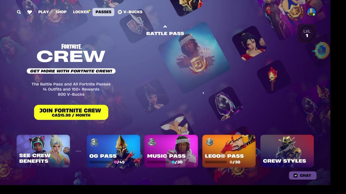Fortnite Crew offer with a CA$15.99 per month Join button and OG, Music and LEGO Pass tiles.