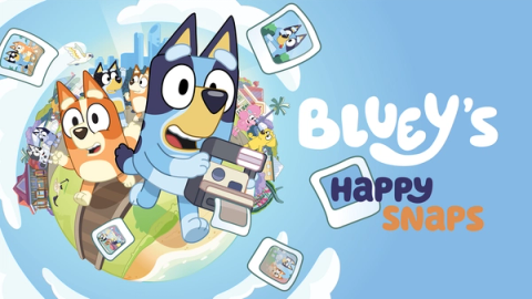Bluey holds a camera beside Bingo, with their family and familiar places behind them, in official Bluey's Happy Snaps artwork.