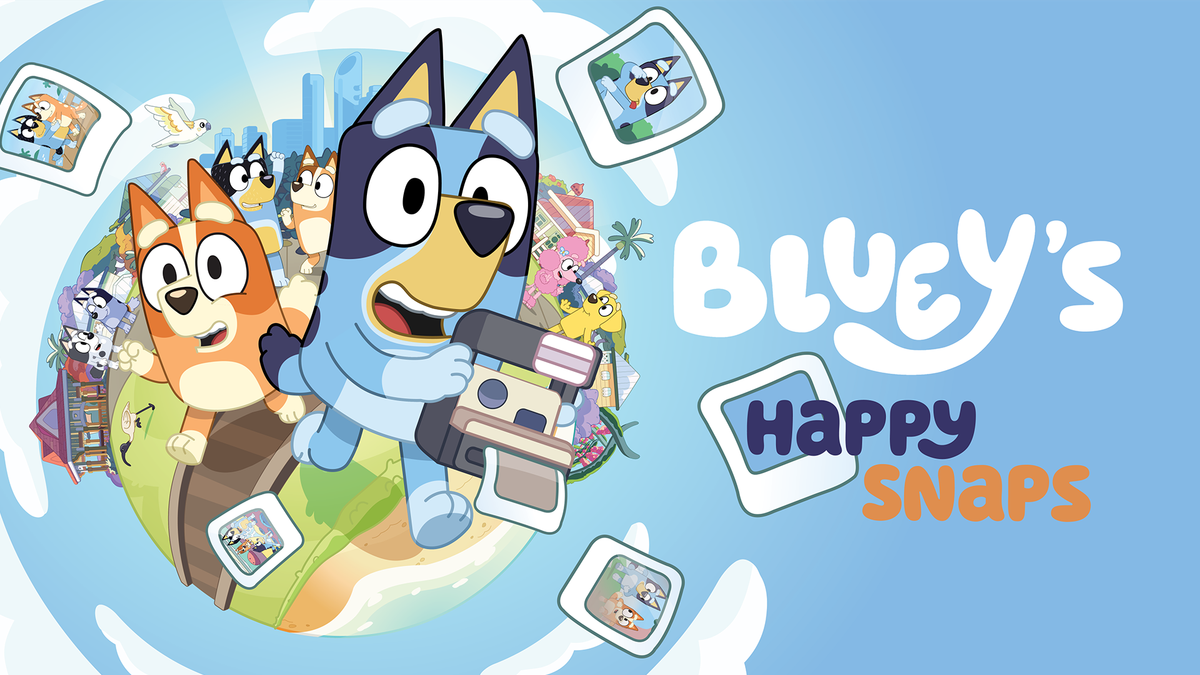 Bluey holds a camera beside Bingo, with their family and familiar places behind them, in official Bluey's Happy Snaps artwork.