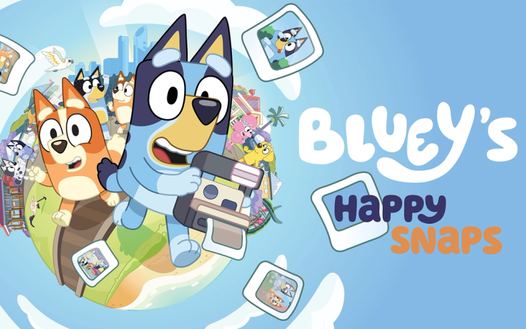 Bluey holds a camera beside Bingo, with their family and familiar places behind them, in official Bluey's Happy Snaps artwork.