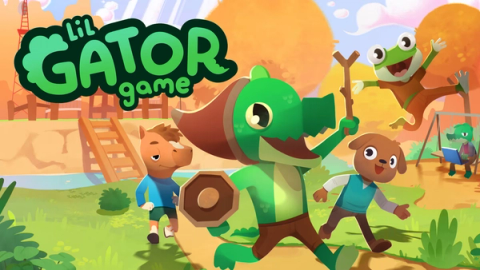 Lil Gator Game scene with the gator protagonist wearing cardboard armor exploring a small island with animal friends.