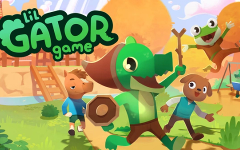 Lil Gator Game scene with the gator protagonist wearing cardboard armor exploring a small island with animal friends.
