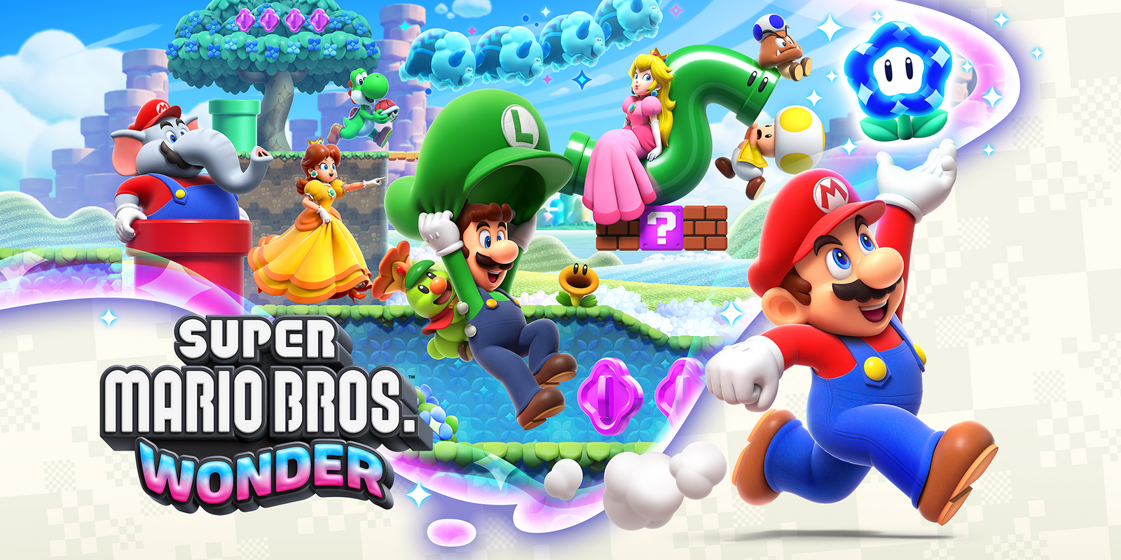 Super Mario Bros. Wonder scene with Mario, Luigi, Peach, and Daisy in a colorful 2D platformer level.