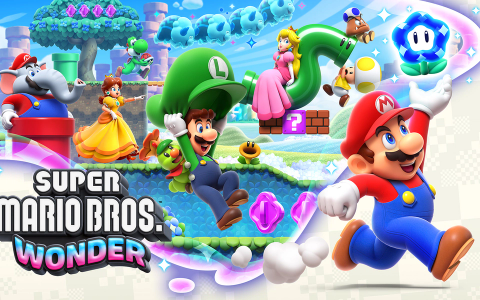 Super Mario Bros. Wonder scene with Mario, Luigi, Peach, and Daisy in a colorful 2D platformer level.