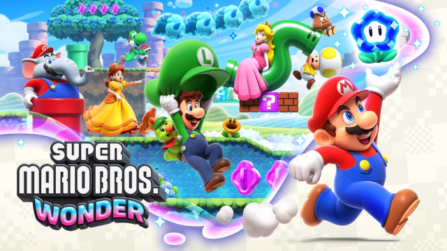 Super Mario Bros. Wonder scene with Mario, Luigi, Peach, and Daisy in a colorful 2D platformer level.