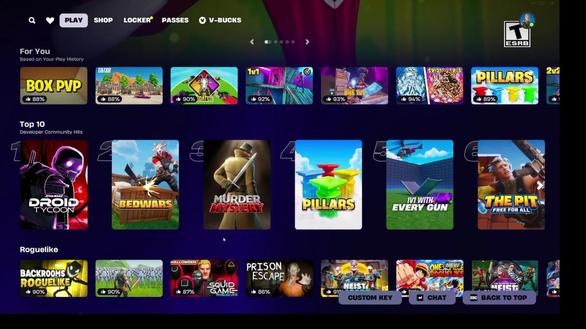 Fortnite Discover menu showing rows of game tiles, including Bedwars, Murder Mystery, Pillars and The Pit.