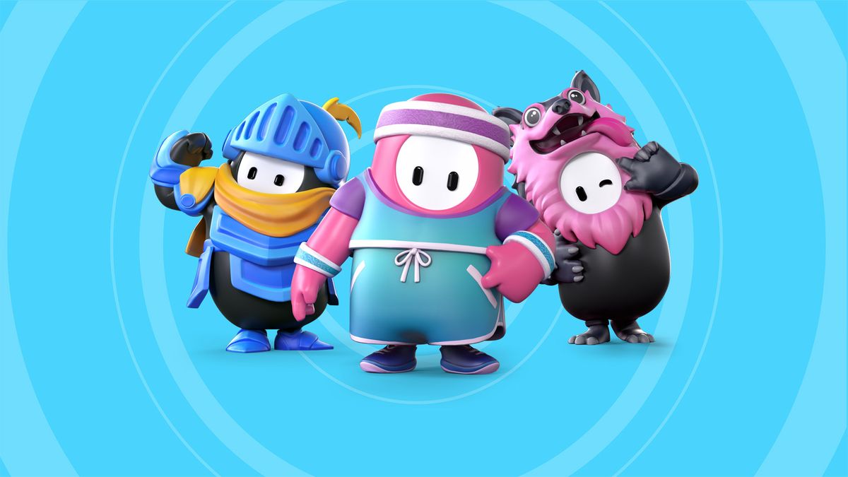 Three Fall Guys characters wearing knight, exercise and monster costumes in official Fame Pass artwork.
