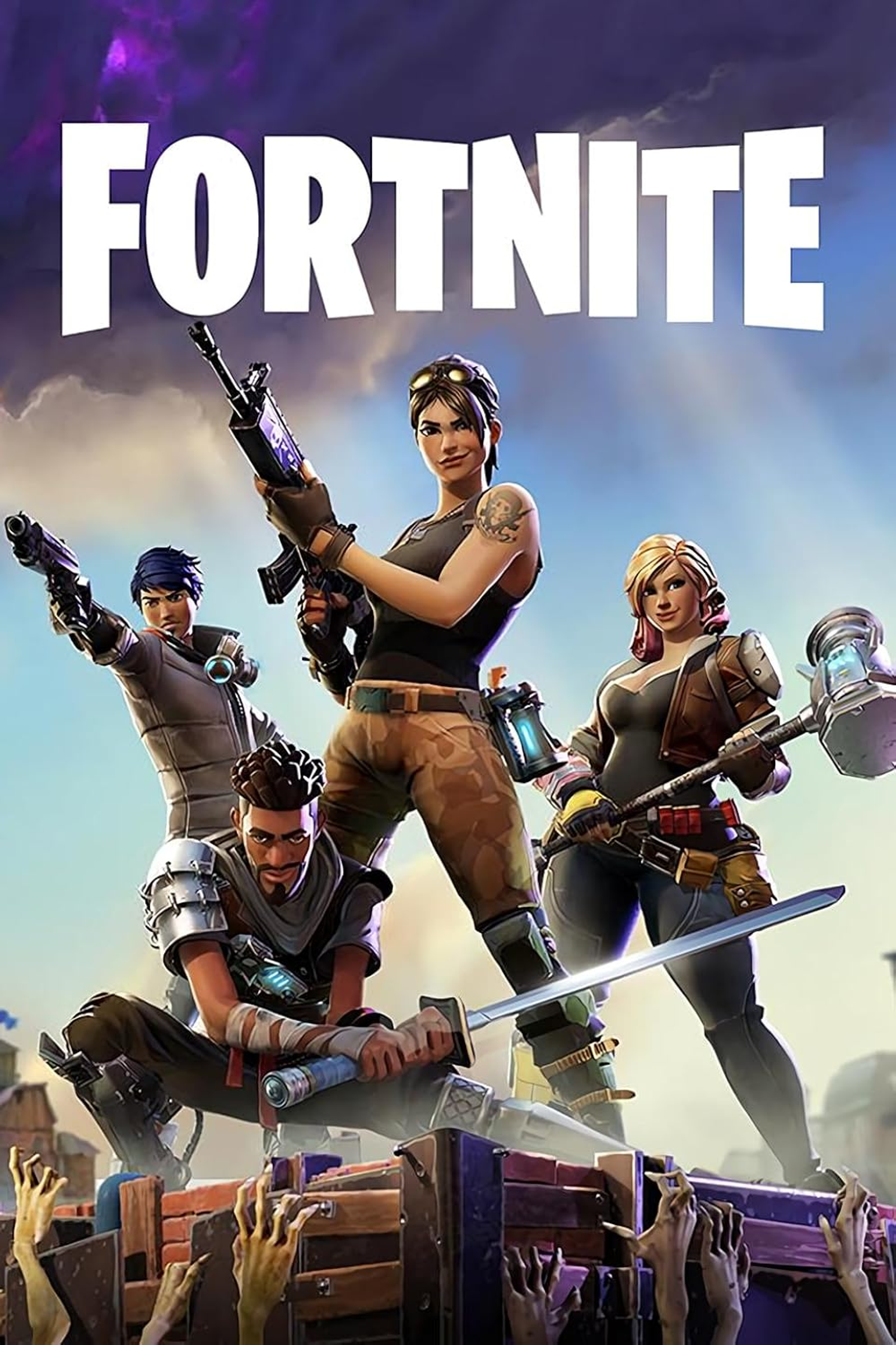 Fortnite Battle Royale match in progress, characters in colorful skins on a cartoon island.