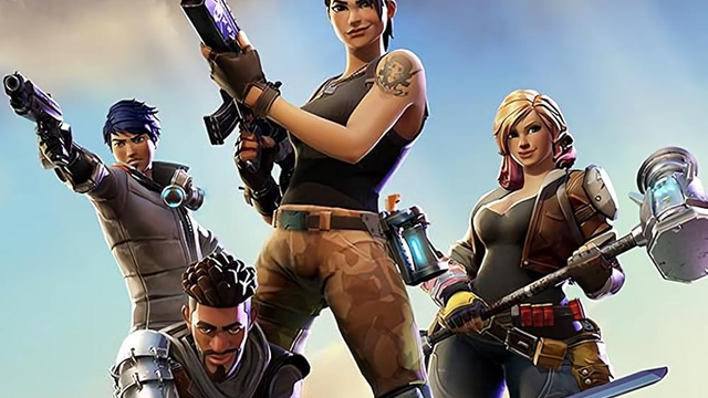 Fortnite Battle Royale match in progress, characters in colorful skins on a cartoon island.