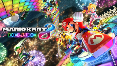 Mario Kart 8 Deluxe race in progress, four karts driving on a Rainbow Road circuit.