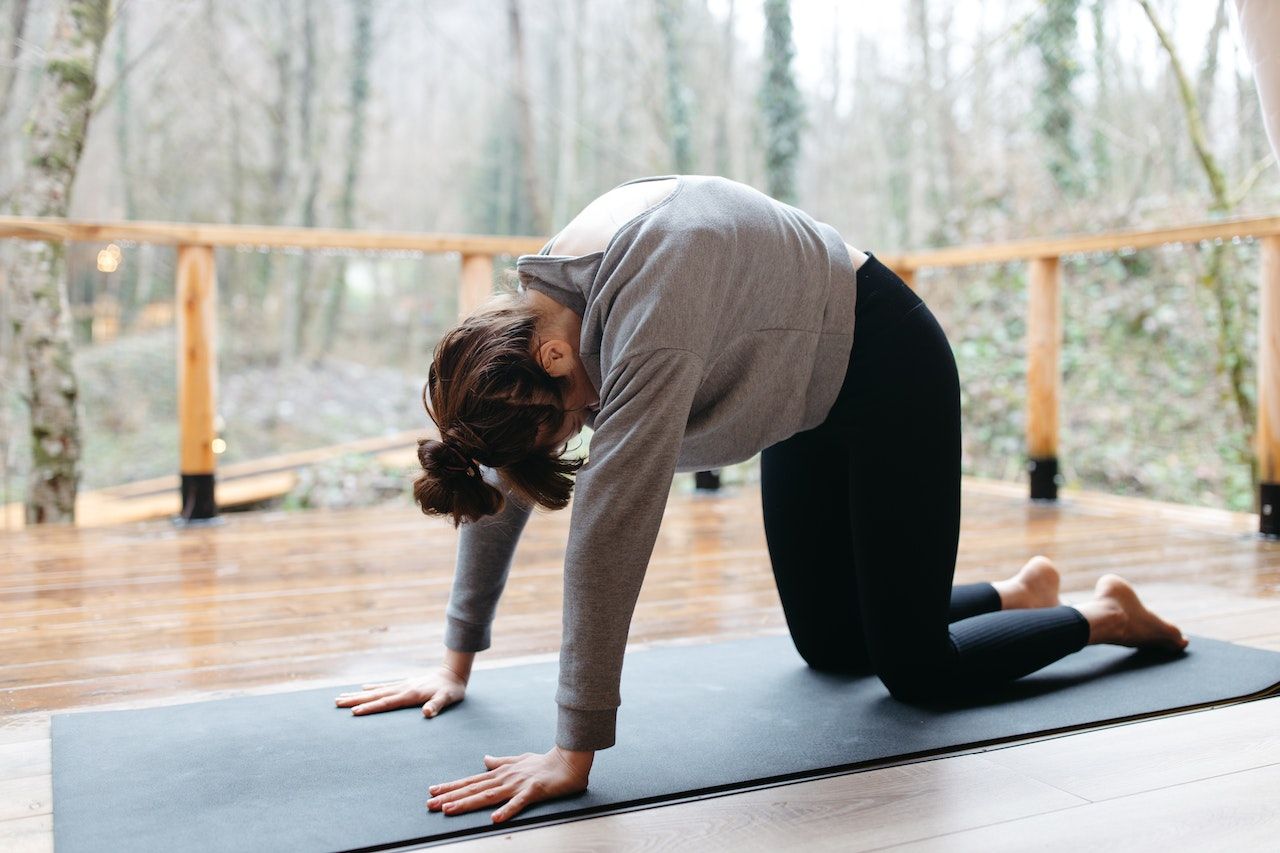 A person with their hands and knees on a yoga mat rounds their back.