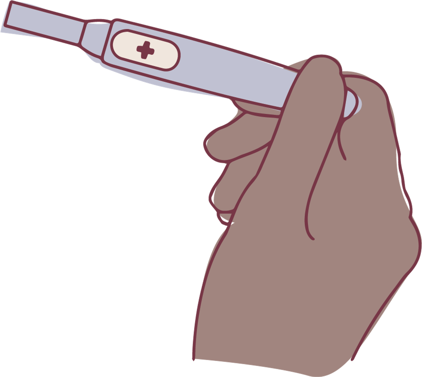 An illustrated hand holds a pregnancy test.