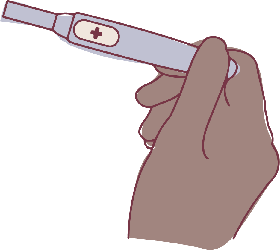 An illustrated hand holds a pregnancy test.