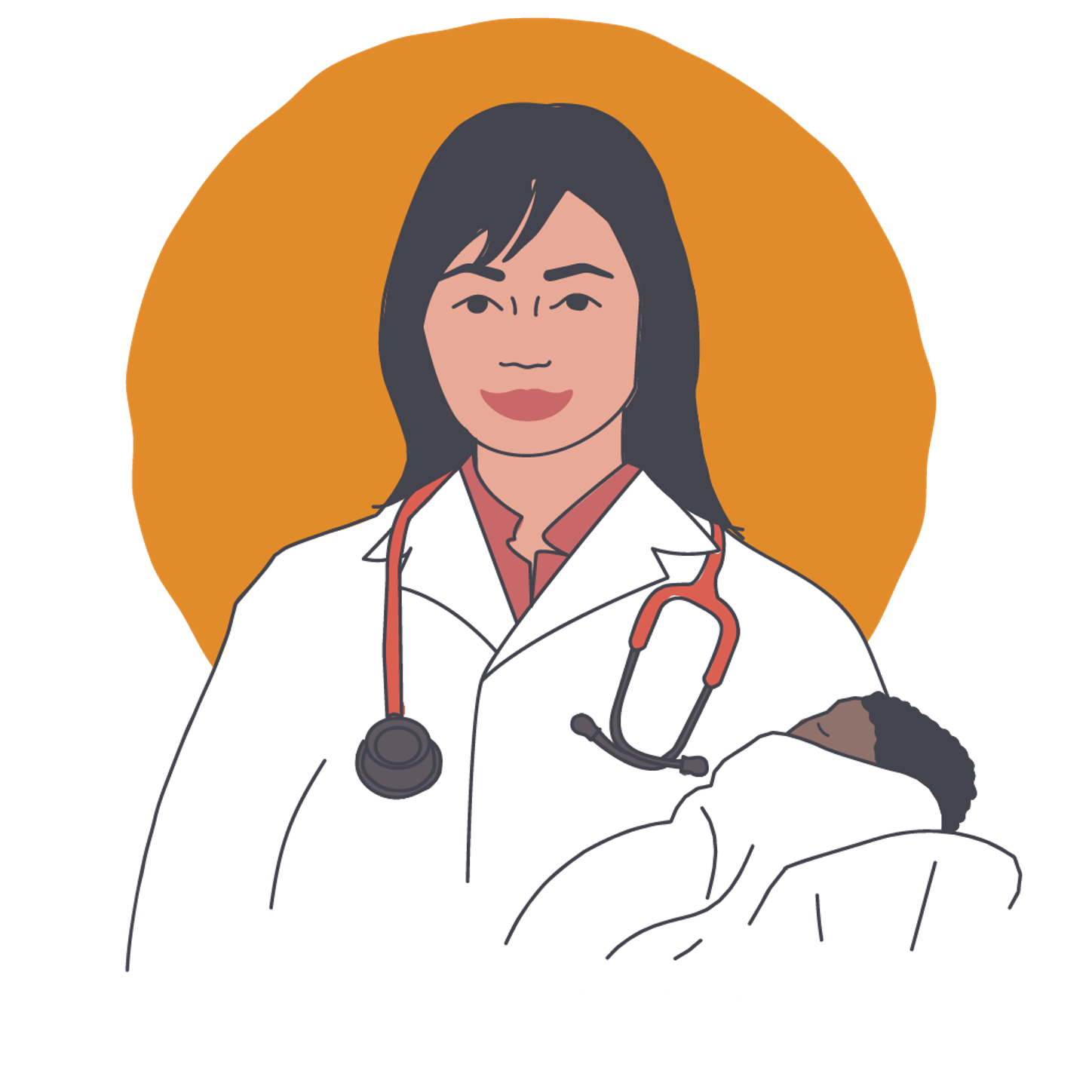 An illustration of a midwife holding a newborn.