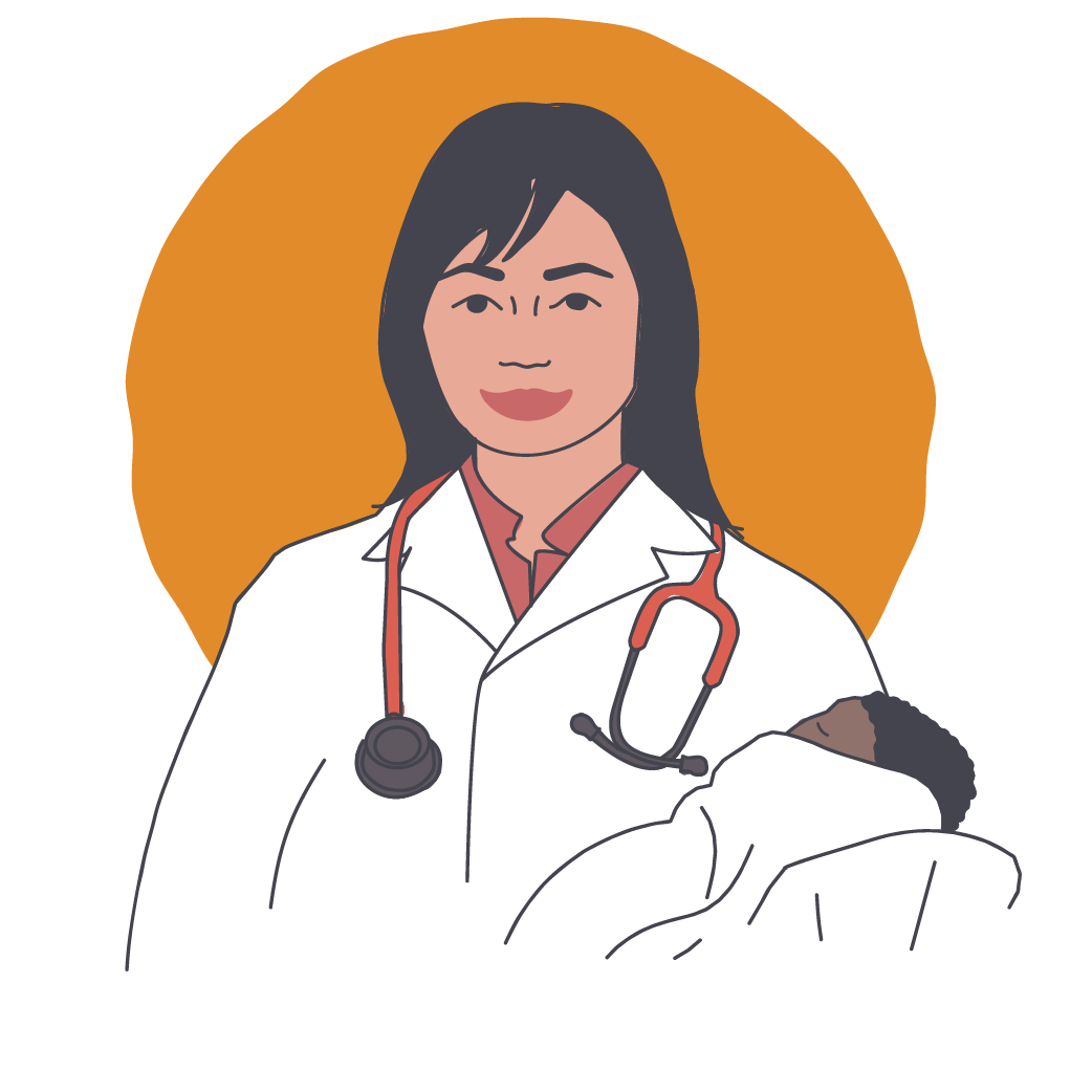 An illustration of a midwife holding a newborn.