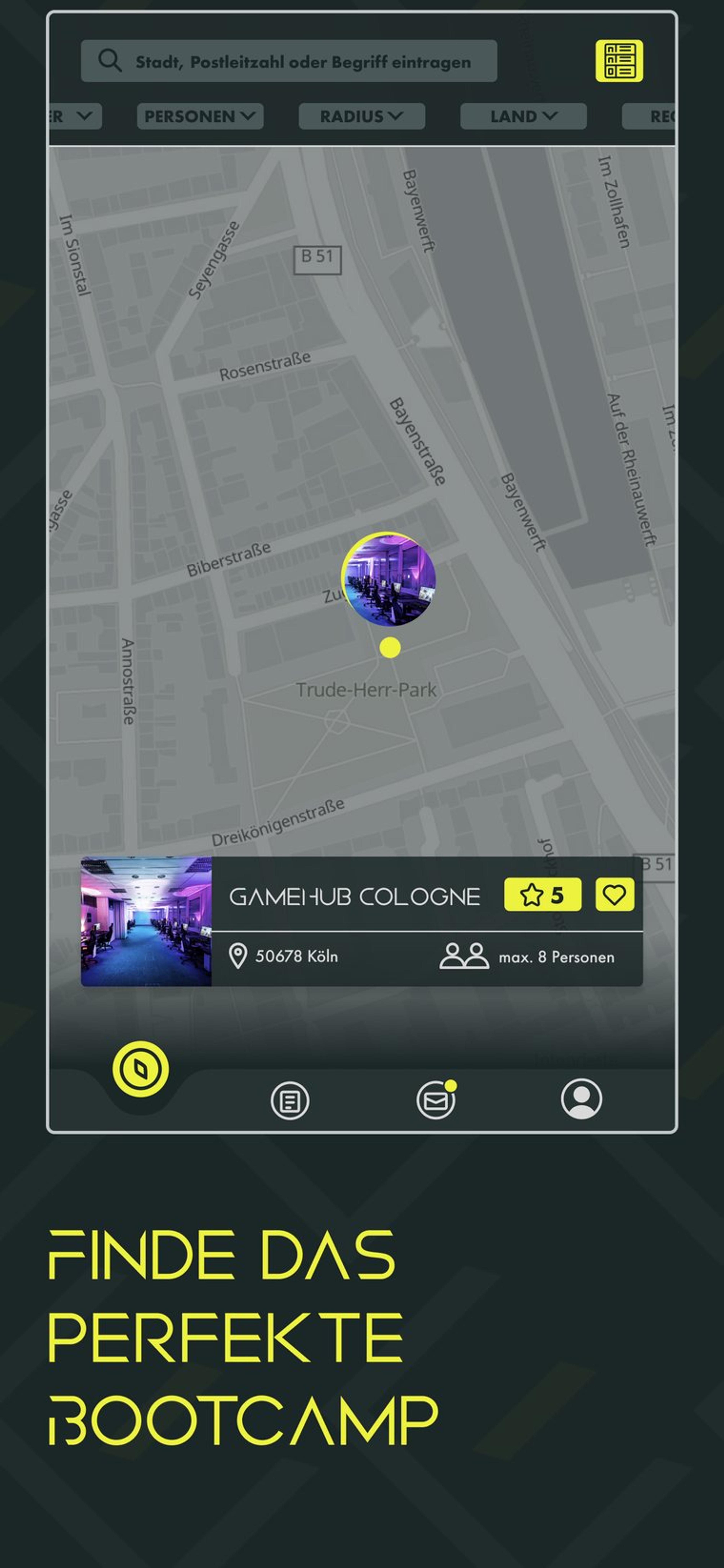 eHub App, Entdecken-Ansicht mit Bootcamps als Pins auf der Karte, App-Store-Darstellung mit der Headline „Finde das perfekte Bootcamp".