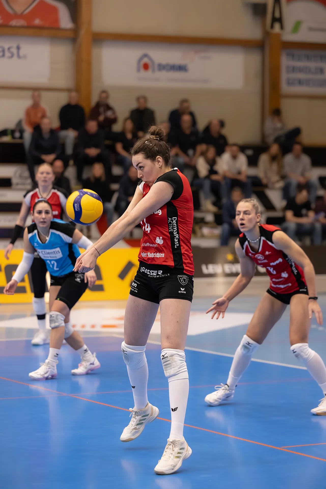 Josipa Marković (VC Kanti Schaffhausen) im Außenangriff, NLA-Frauen-Spiel gegen Viteos NUC.
