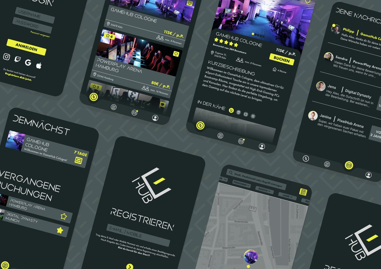 eHub App-Design als Mockup-Collage: mehrere Screens der eSports-Bootcamp-App auf dunklem Grund mit Lime-Akzent.