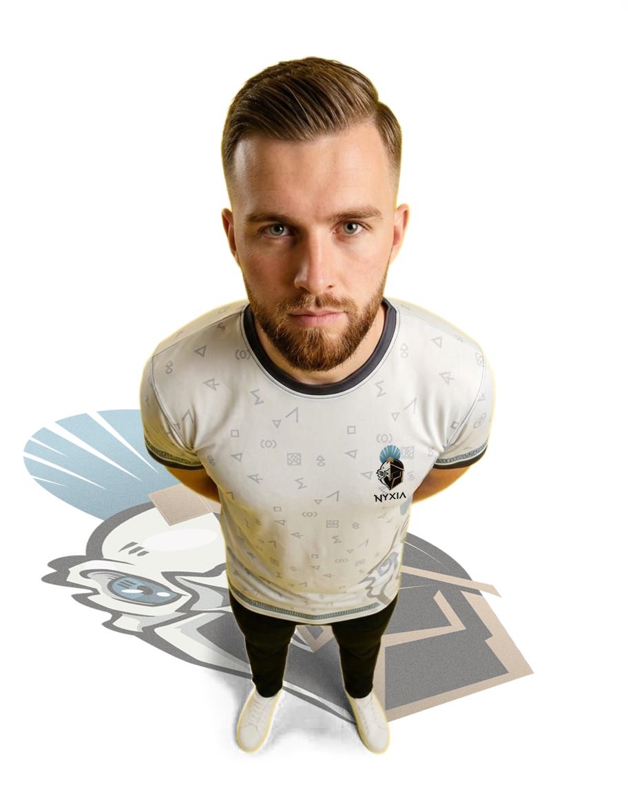 NYXIA-Trikot des Rebrand-Konzepts als getragene Studioaufnahme, Motiv 6 (KI-Visualisierung, Gemini).