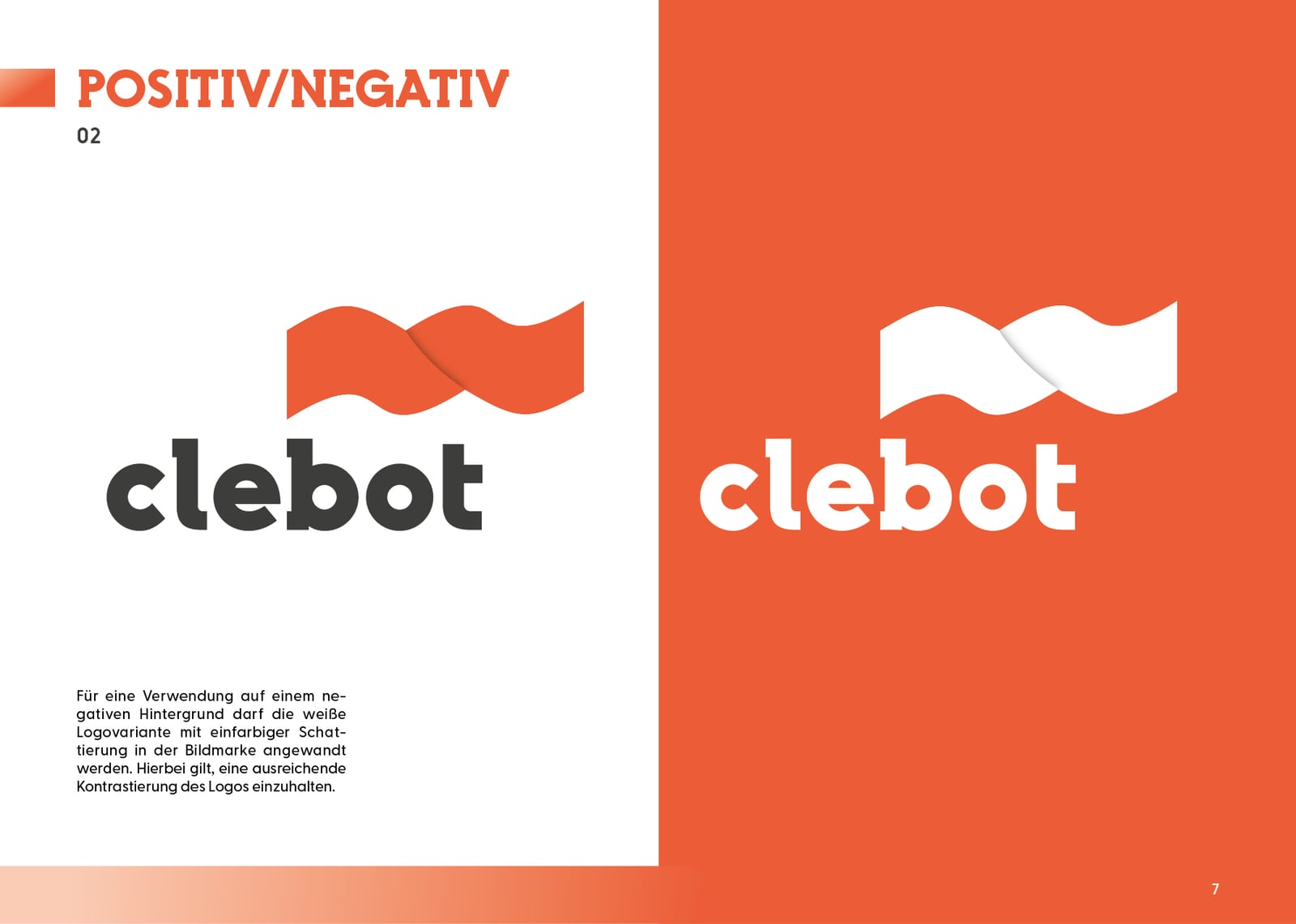 Logo-Varianten von Clebot in Positiv und Negativ auf Orange und Weiß.
