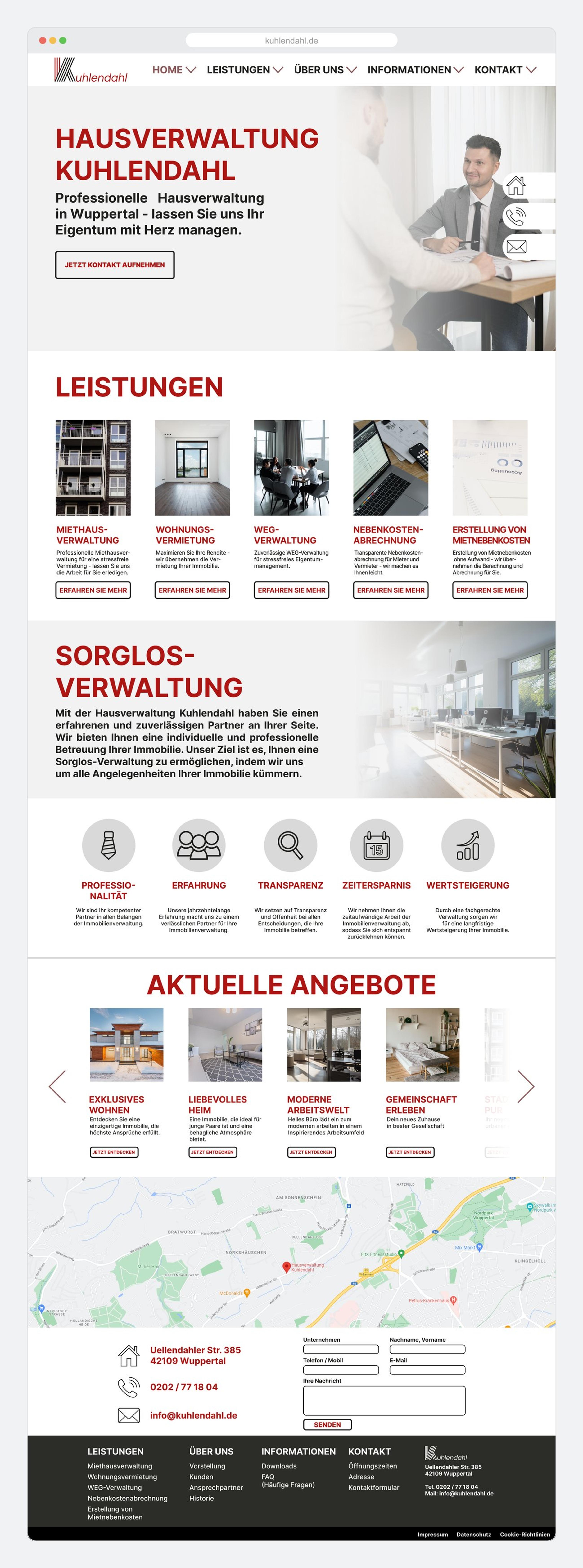 Finale High-Fidelity-Startseite der Hausverwaltung Kuhlendahl im Browser: Hero, Leistungskacheln, Service-Versprechen, Angebote und Kontaktbereich mit festen Kontaktelementen am rechten Rand.