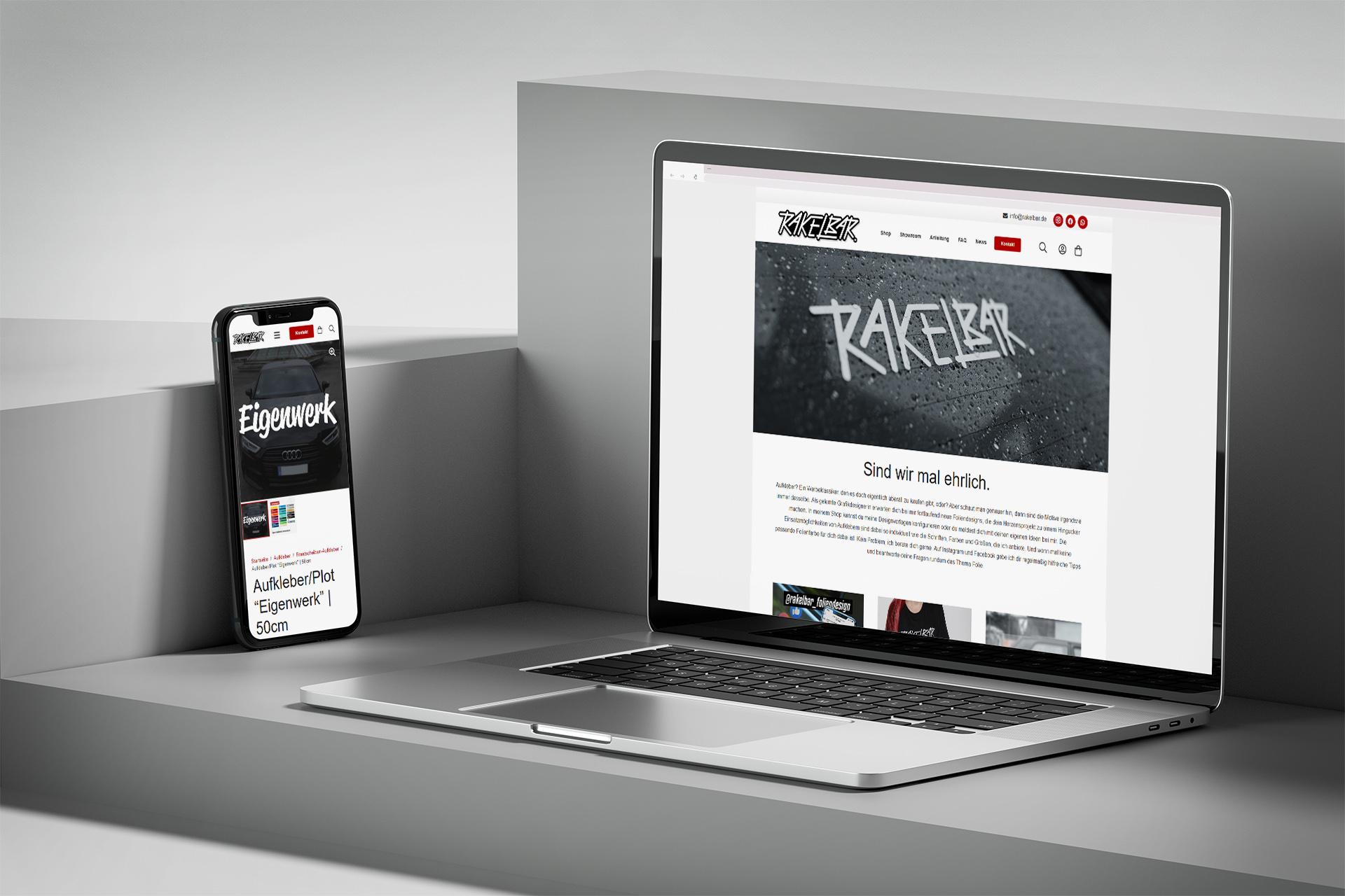 Responsive Mockup des Rakelbar-Onlineshops auf Laptop und Smartphone mit dem Rakelbar-Schriftzug.