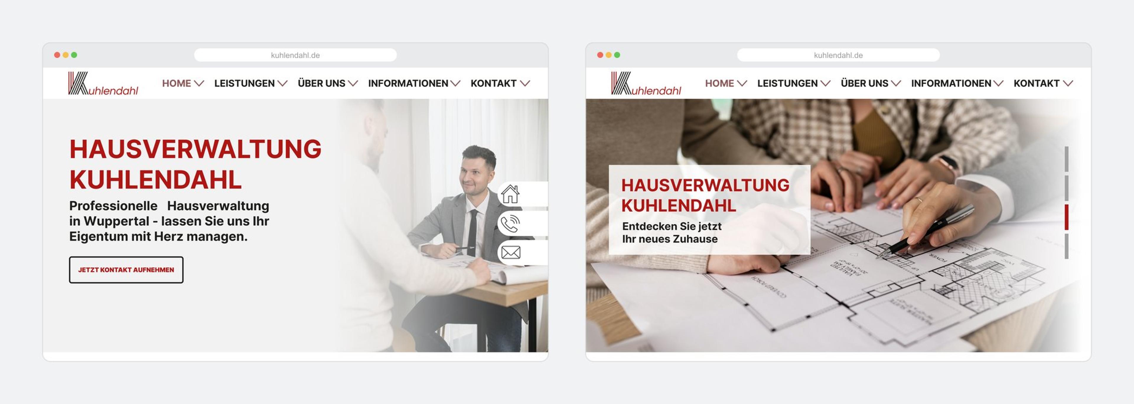Vergleich der beiden Startseiten-Konzepte für Kuhlendahl: links das sachliche Konzept für Immobilieninhaber, rechts das emotionalere Konzept für Mieter.