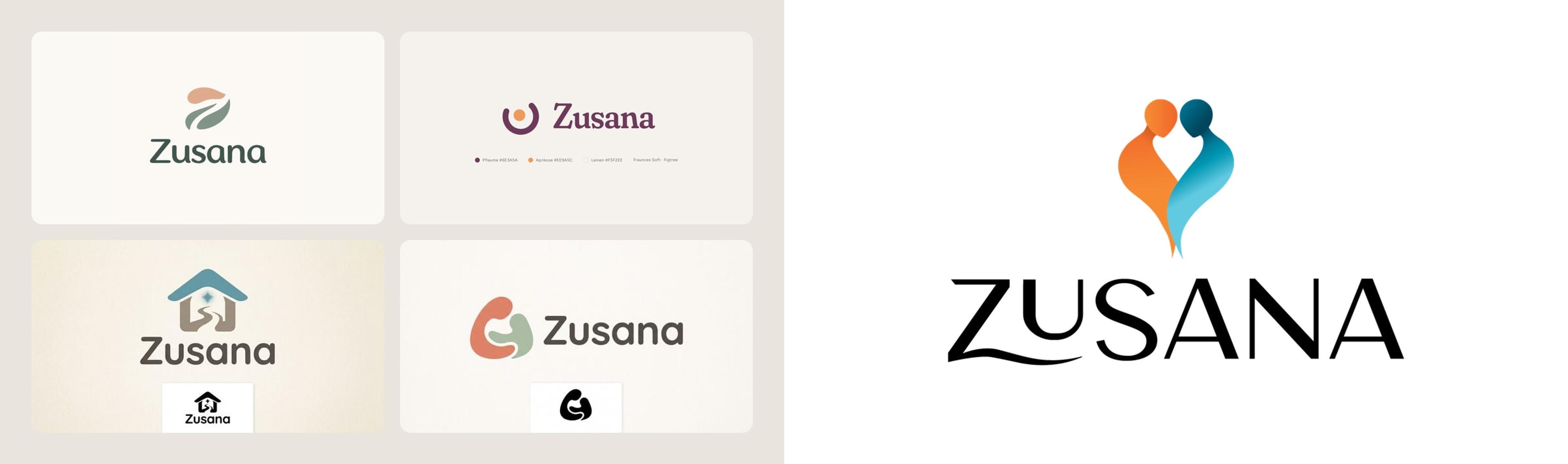 Vergleich zweier Logo-Lösungen für Zusana: links vier KI-generierte Entwürfe mit Blatt, Kreis, Haus und Umarmungsform in gedeckten Pastelltönen, rechts das Zusana-Logo von aLx-design mit zwei Silhouetten in Orange und Blau, die gemeinsam ein Herz formen