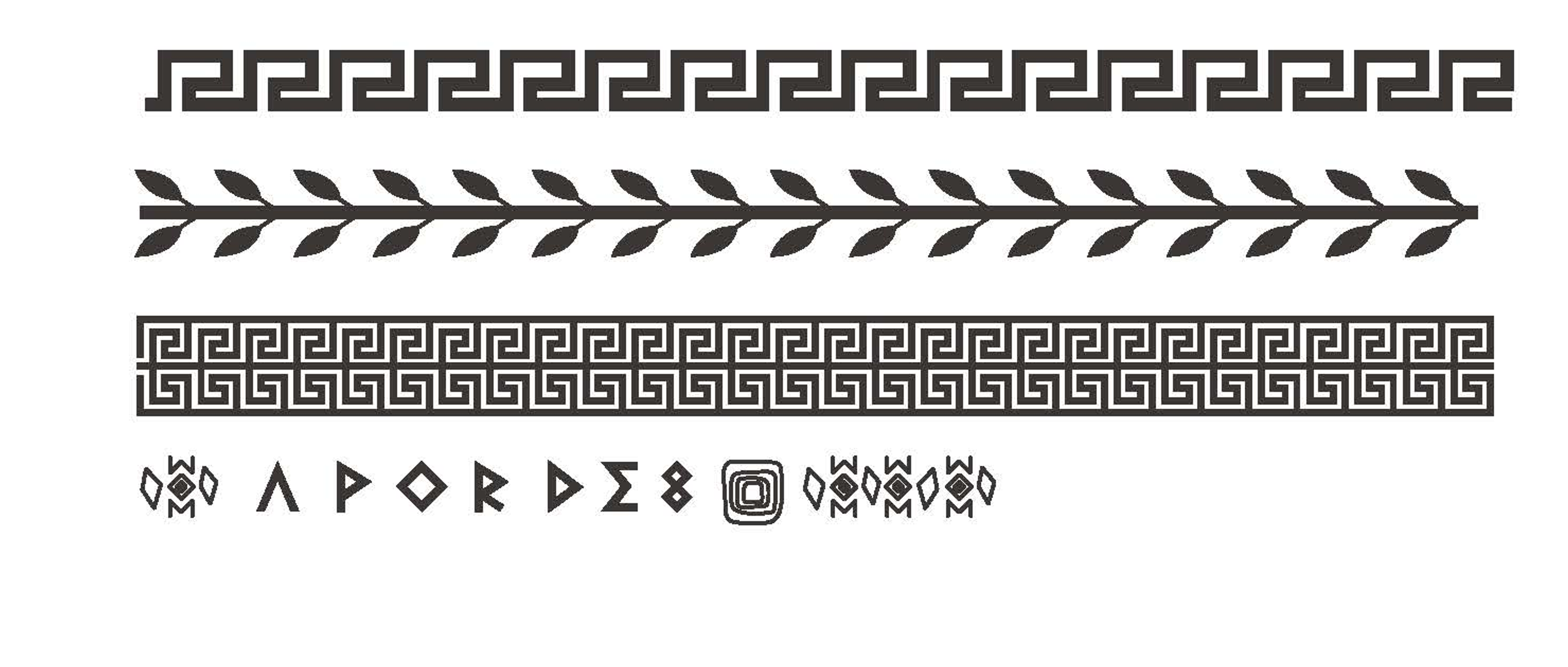Die NYXIA-Musterfamilie aus Mäander, Lorbeer und einem Streumuster aus eigenen Glyphen.