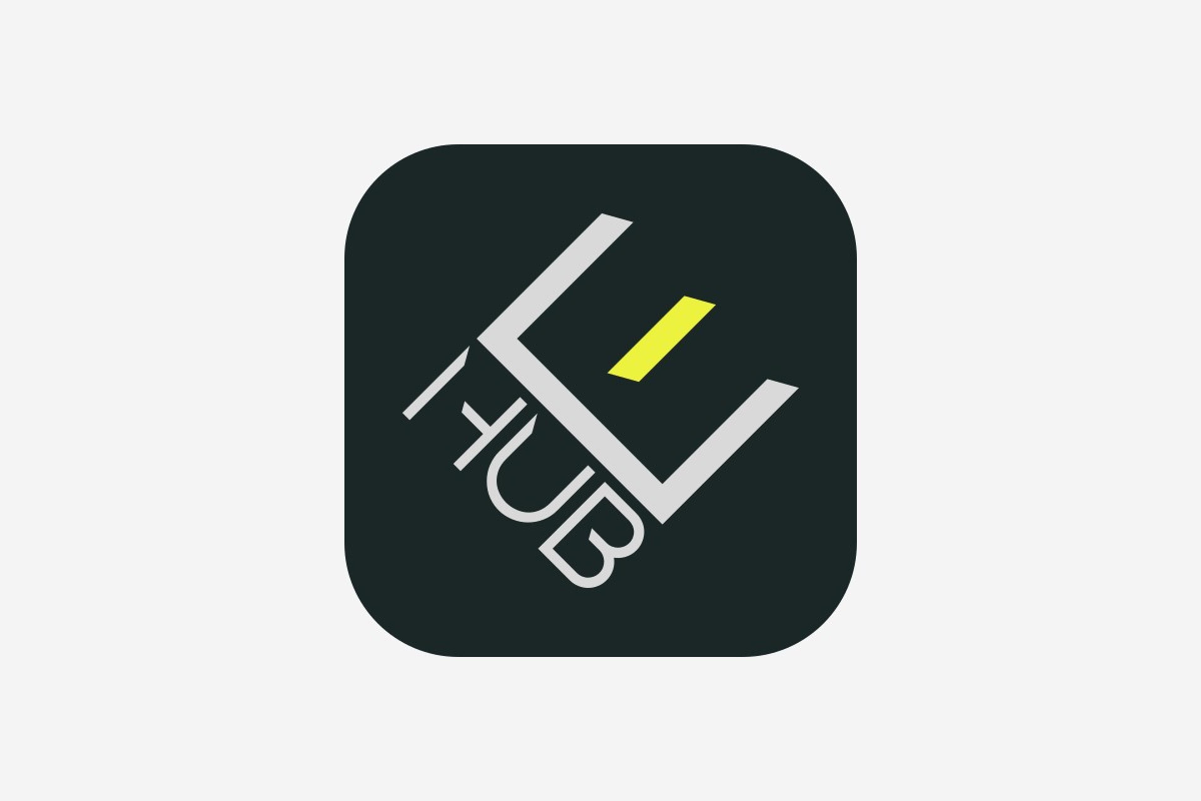 App-Icon von eHub mit abgerundeten Ecken: die eHub-Wortmarke in hellem Grau mit Lime-Akzent auf dunklem Grund.