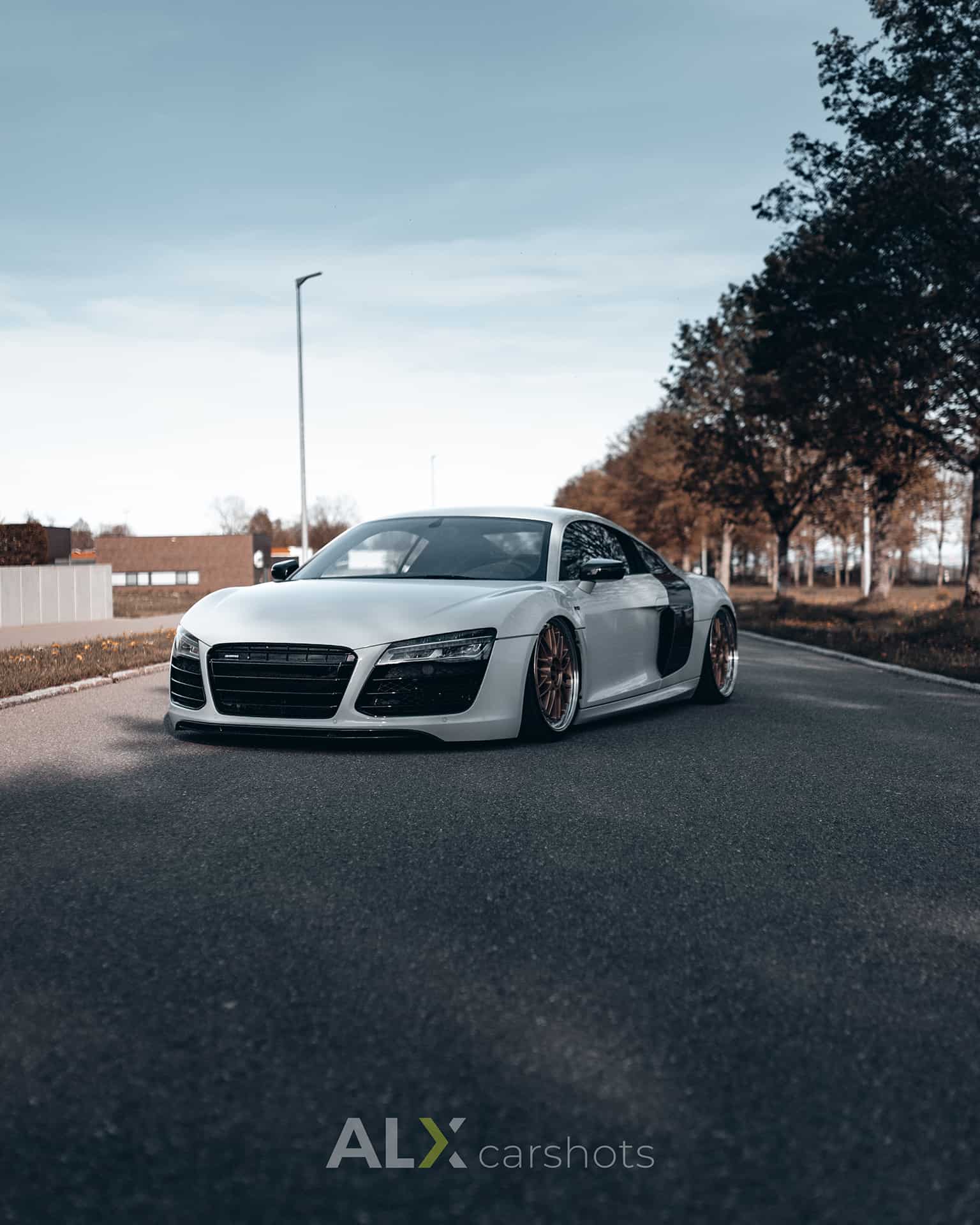 Audi R8 auf einer baumgesäumten Straße im Gewerbepark, Bäume in Herbstfarben