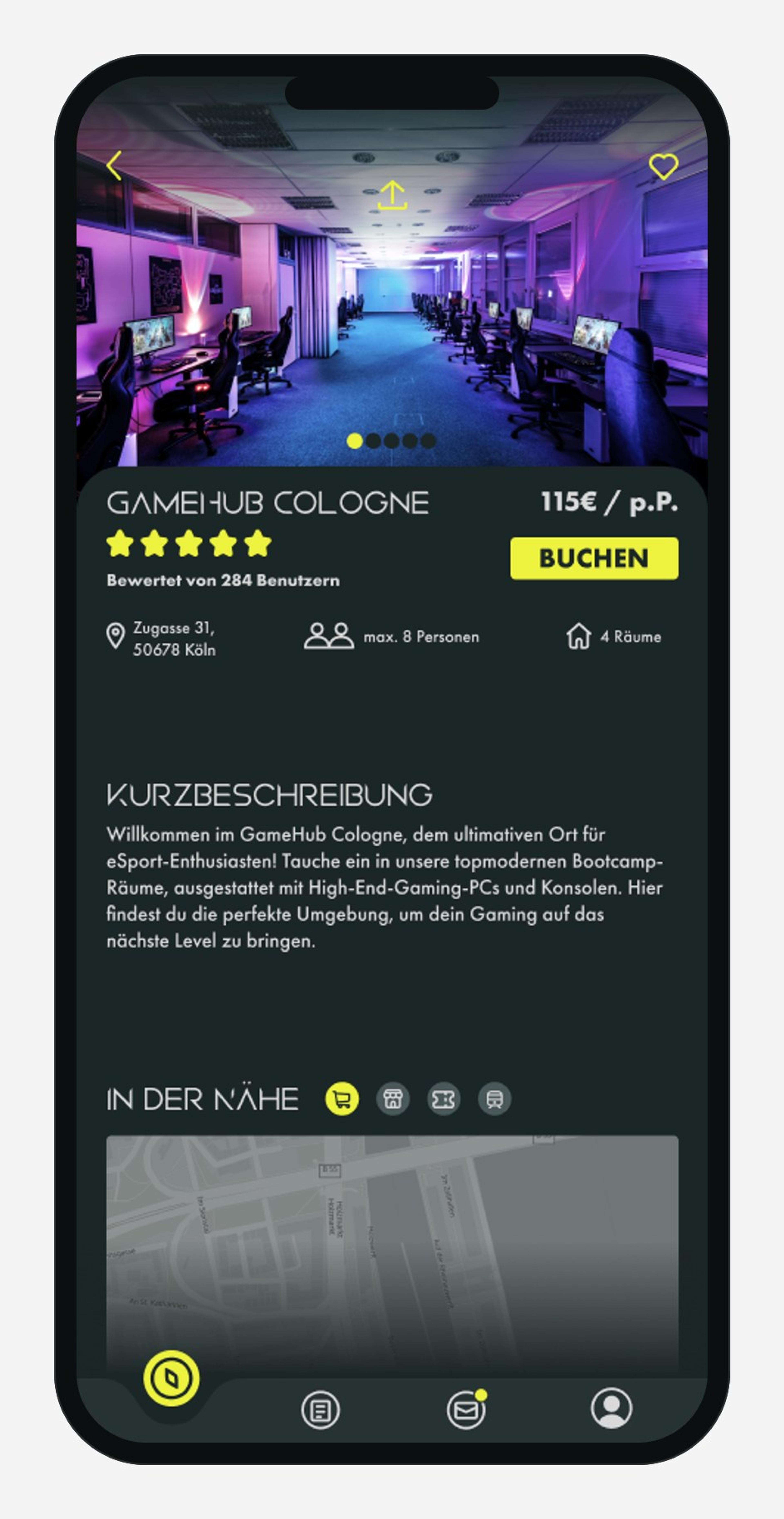 eHub App, Bootcamp-Detailseite im iPhone-Rahmen: dunkles Interface mit Lime-Akzent, Preis, Bewertung und Buchen-Button.