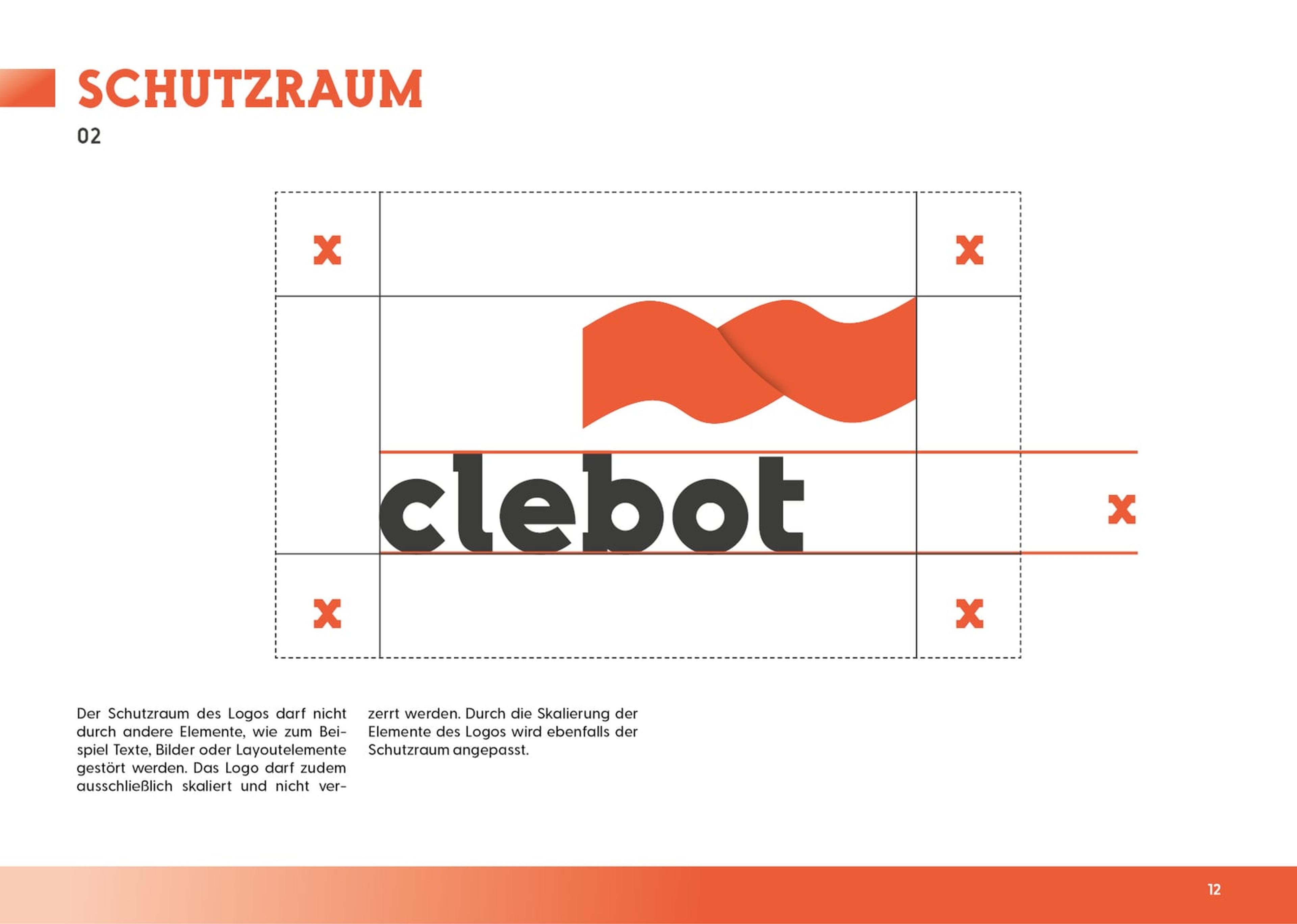Clebot Logo mit Schutzraum, geometrisch über ein Raster konstruiert.