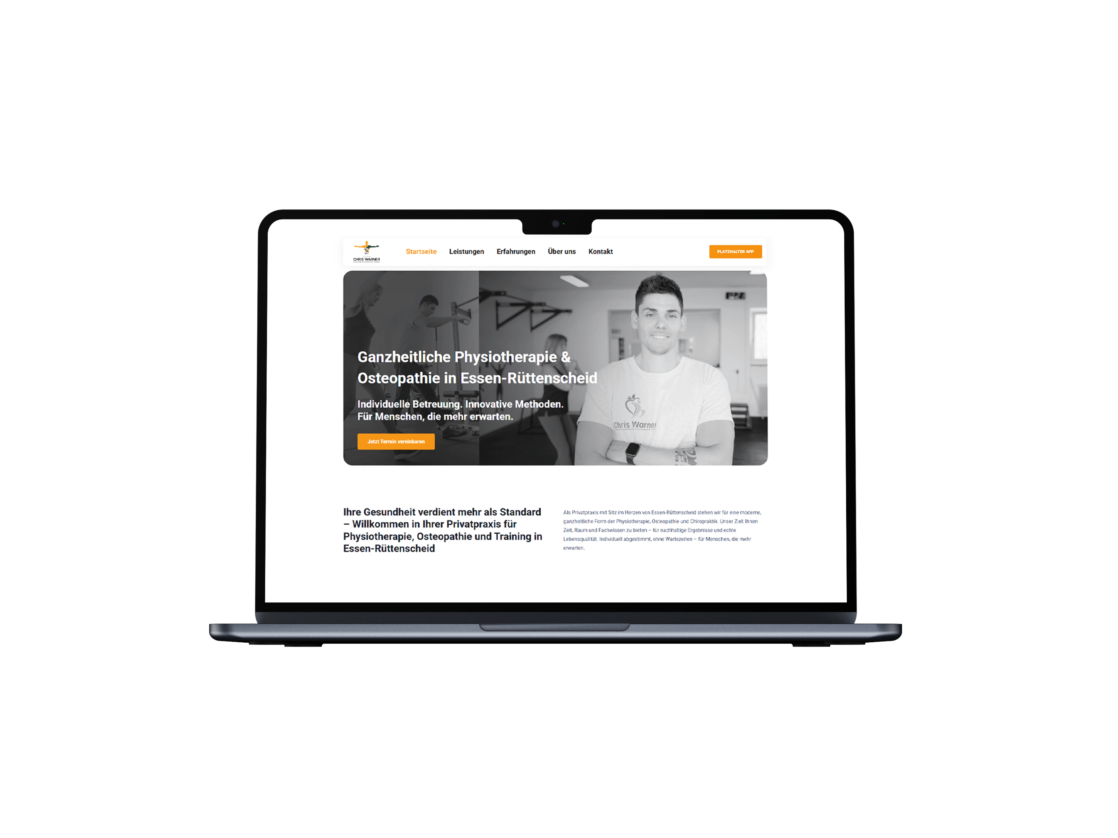 Laptop-Mockup der neu gestalteten Website von Chris Warner Physiotherapie