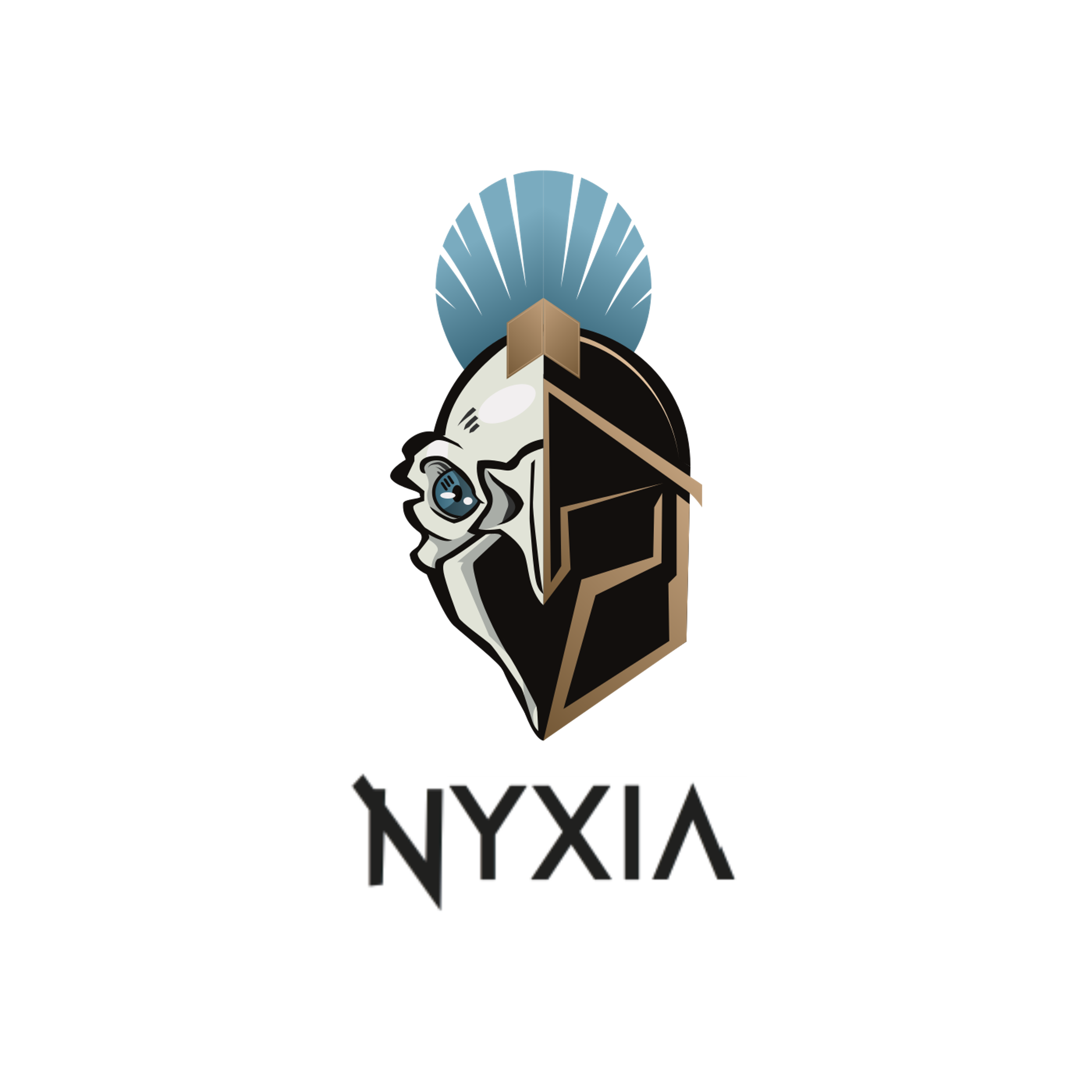 Die finale NYXIA-Bildmarke: links ein Rabenkopf, rechts ein Spartaner-Helm an einer gemeinsamen Achse.