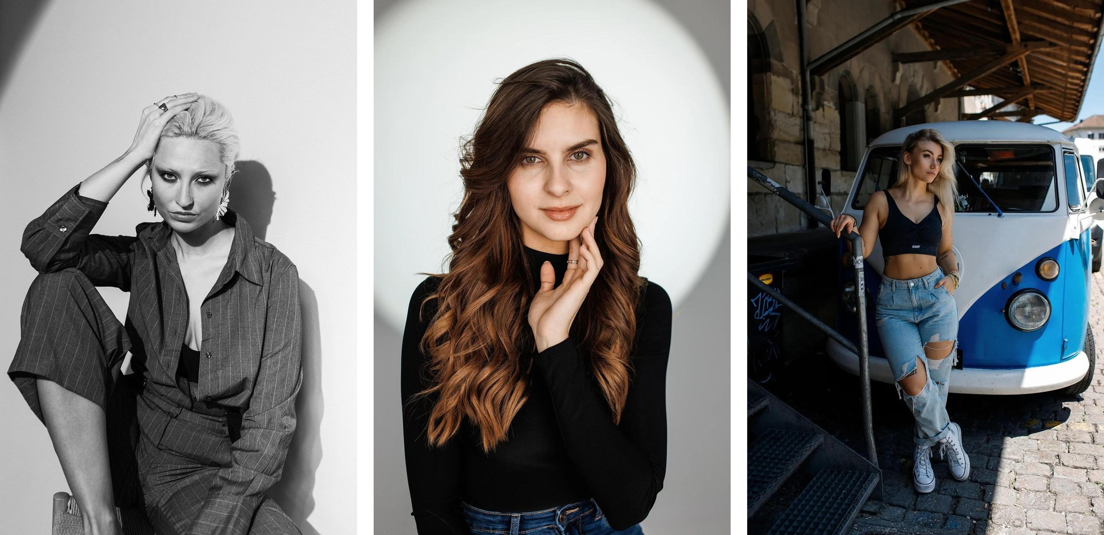 Drei Portraits nebeneinander in drei Stilen: links schwarzweiß-editorial, in der Mitte ein helles Beauty-Portrait vor weißem Lichtkreis, rechts urban an einem blau-weißen VW-Bus. Alle mit ruhigem, direktem Blick.