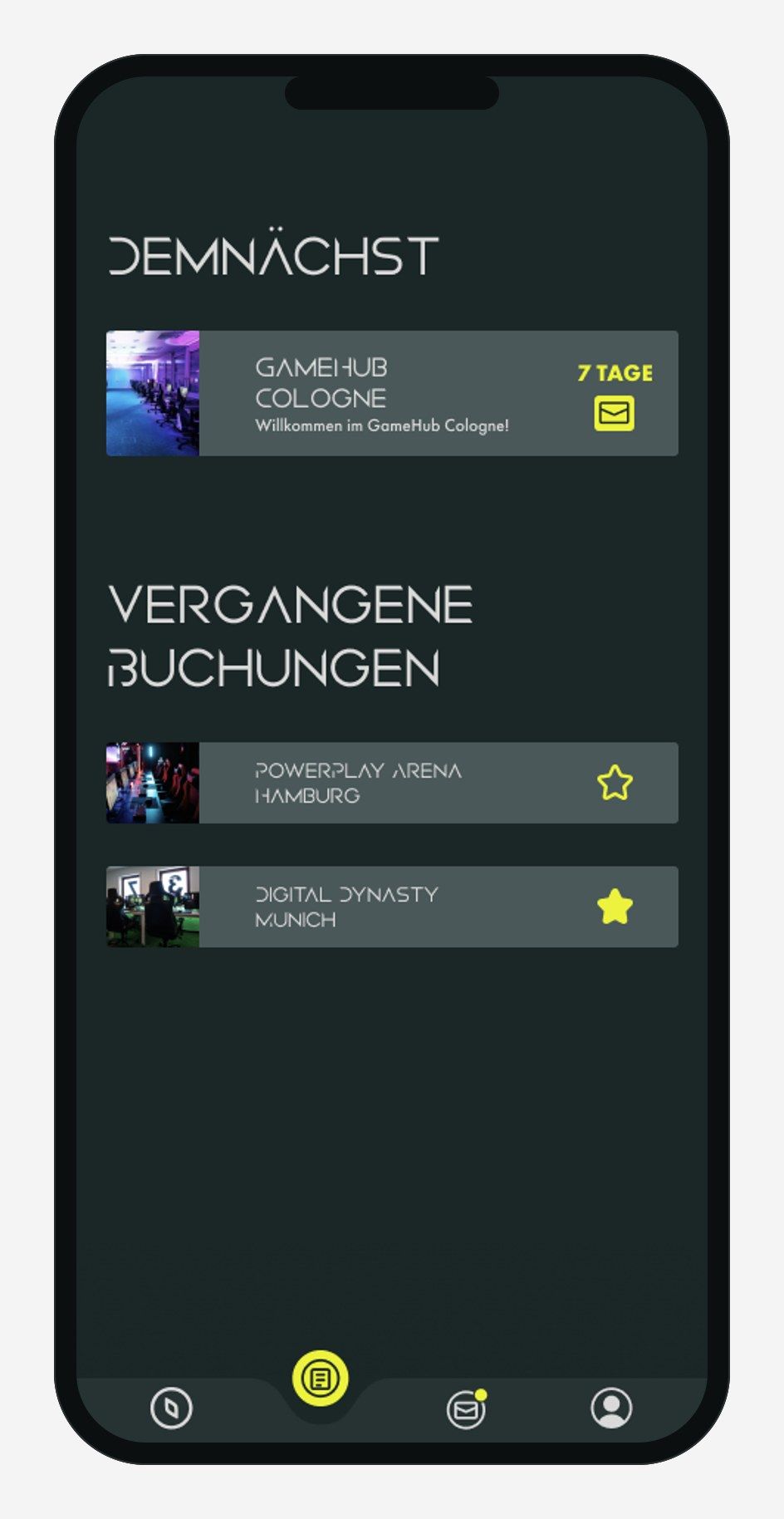 eHub App, Ansicht Buchungen im iPhone-Rahmen mit anstehenden und vergangenen Bootcamps.