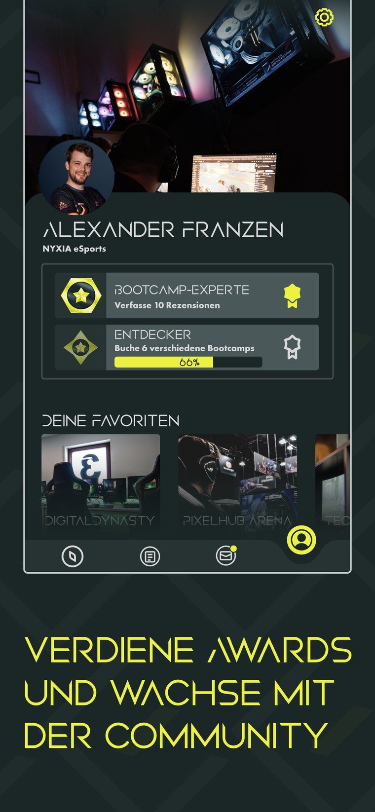 eHub App, Profil mit sammelbaren Awards, App-Store-Darstellung „Verdiene Awards und wachse mit der Community".