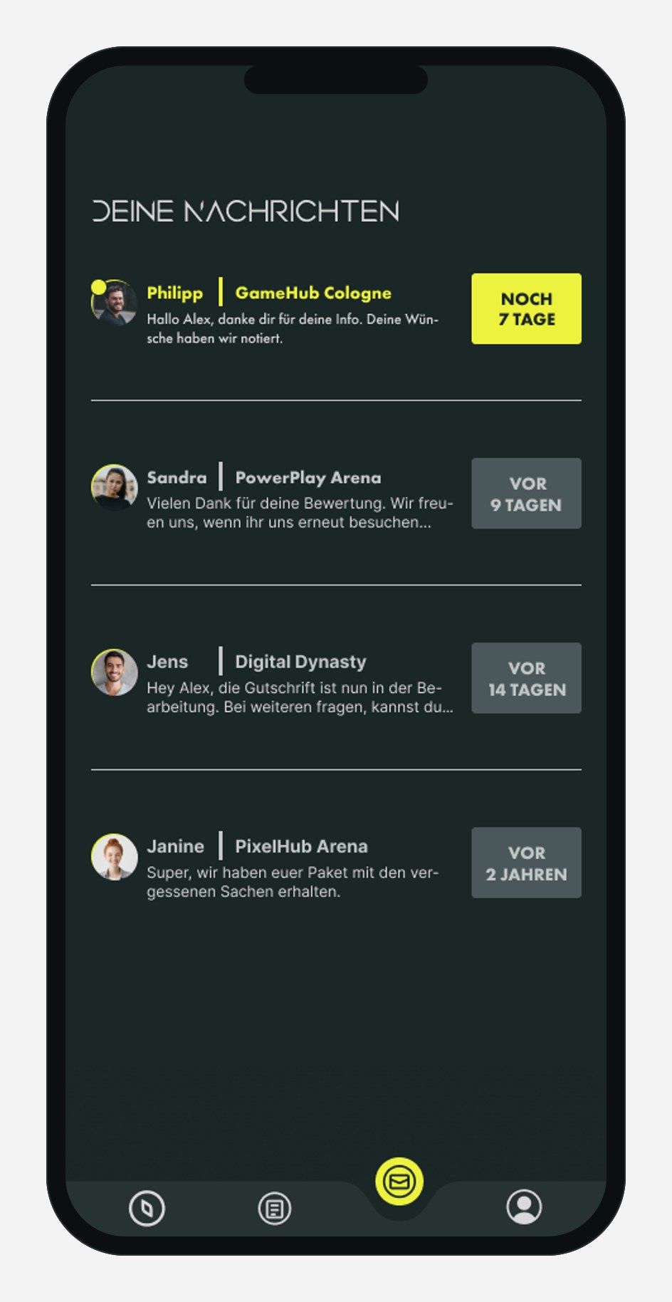 eHub App, Nachrichten-Ansicht im iPhone-Rahmen mit Chatverläufen zu den Bootcamps.