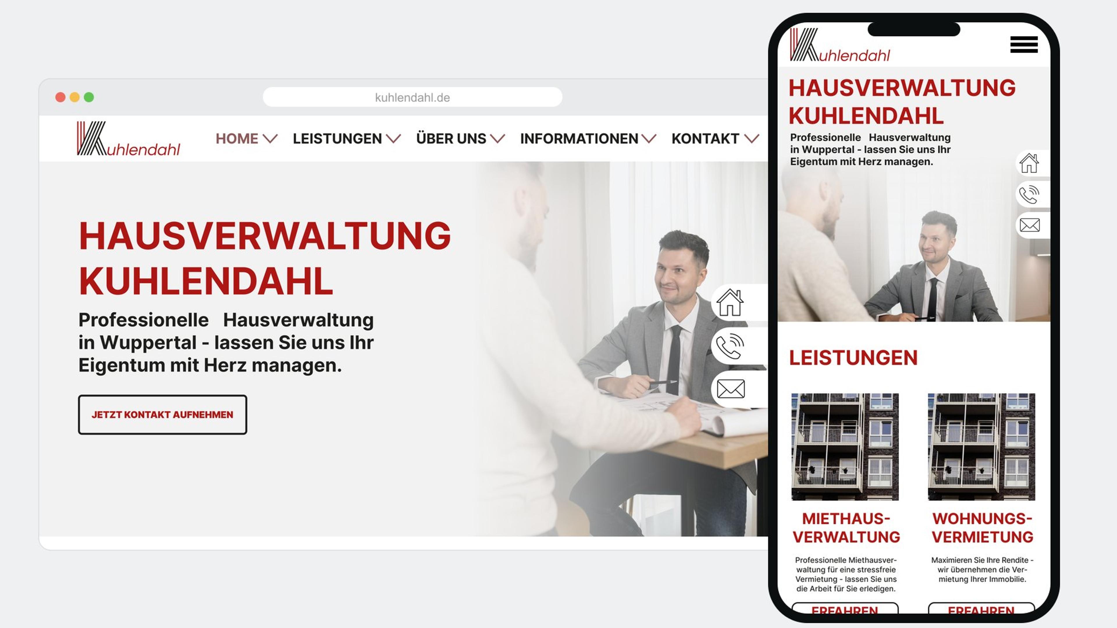 Website-Relaunch der Hausverwaltung Kuhlendahl: die neue Startseite responsiv auf Desktop und Smartphone.