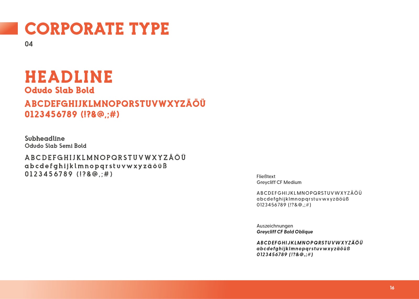 Typografie von Clebot: Headline in Odudo Slab, Fließtext in Greycliff CF.