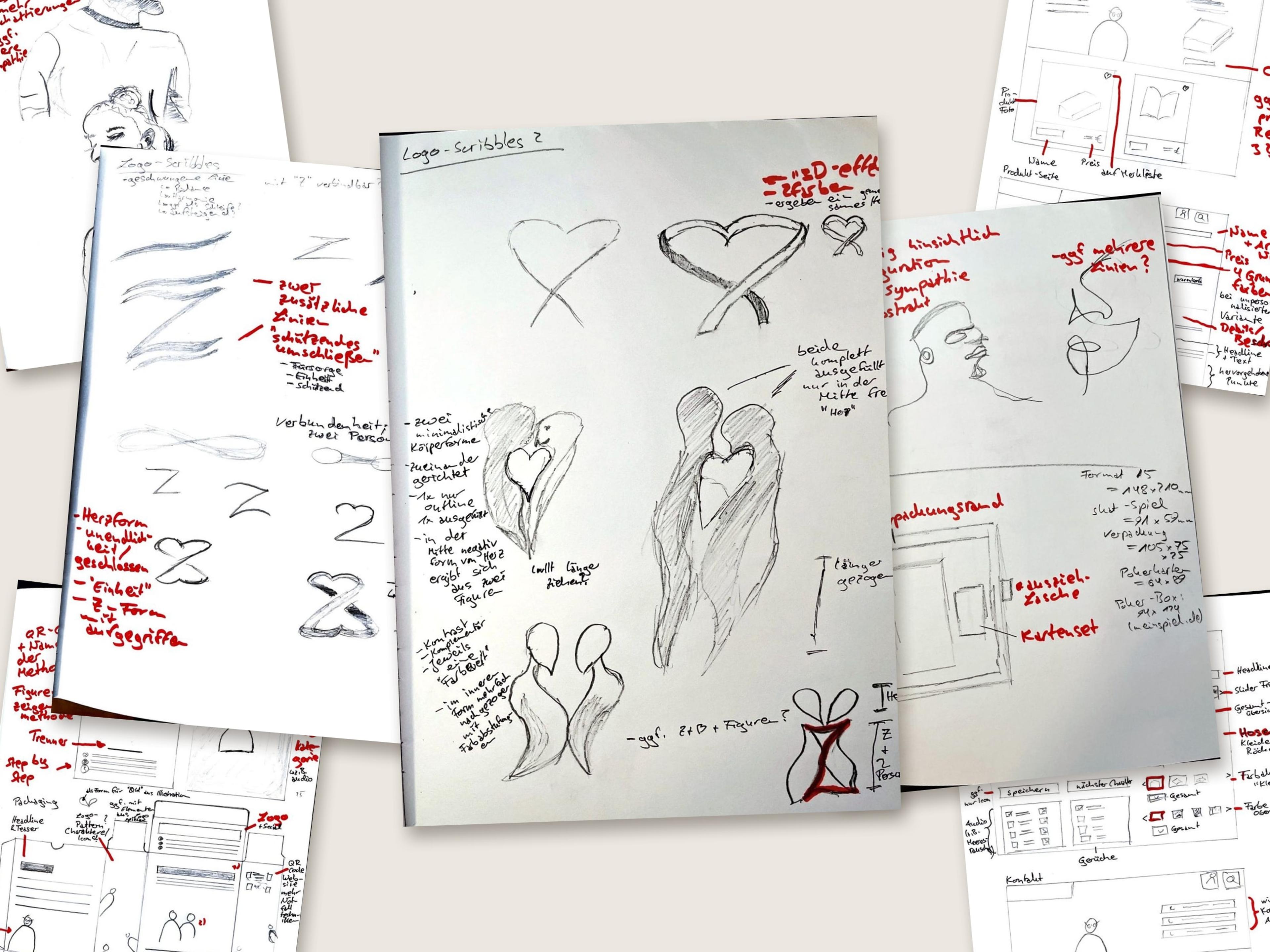 Mehrere Skizzenblätter liegen leicht gedreht übereinander. In der Mitte Bleistift-Scribbles für ein Logo aus Herz, zwei Figuren und Z-Form, mit roten handschriftlichen Notizen. Rundherum weitere Skizzen zu Charakteren, Verpackung, Website und Shop.